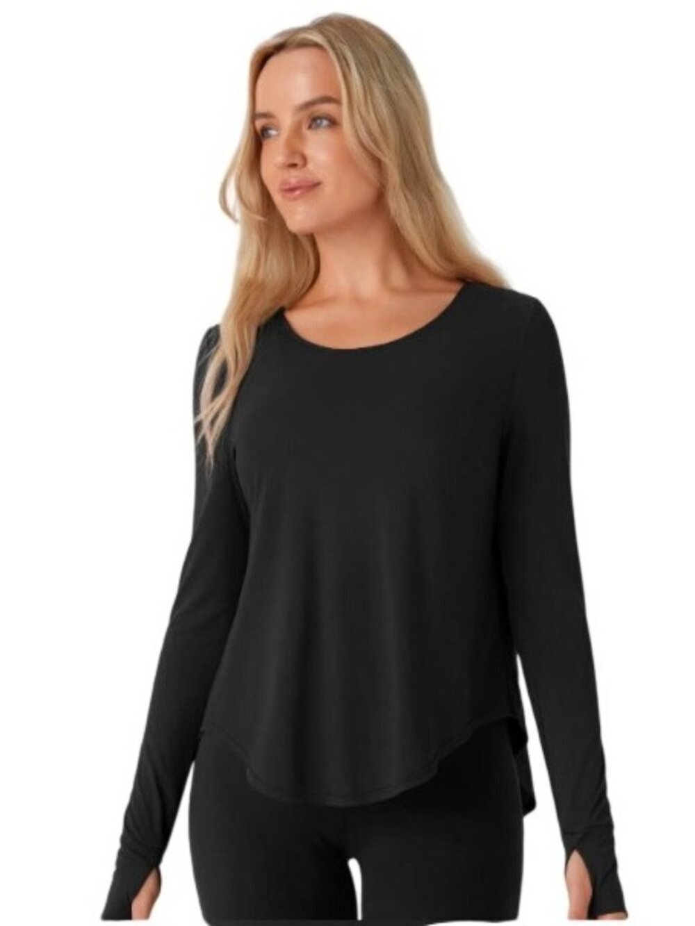 Halara Top Women's XL Black Backless Long Sleeve Thumbholes Round Neck NWT